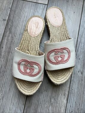 Authentic Gucci slides espadrilles pink white canvas logo shoes sandals 36 1/2